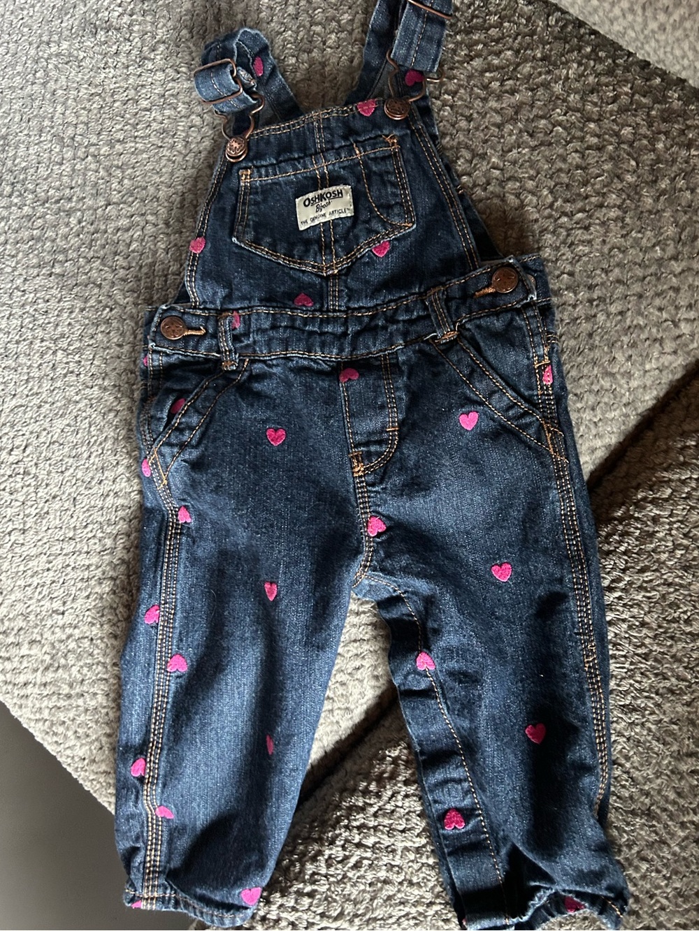 OshKosh B'gosh Dark Blue Denim Overalls with Pink Heart Accents